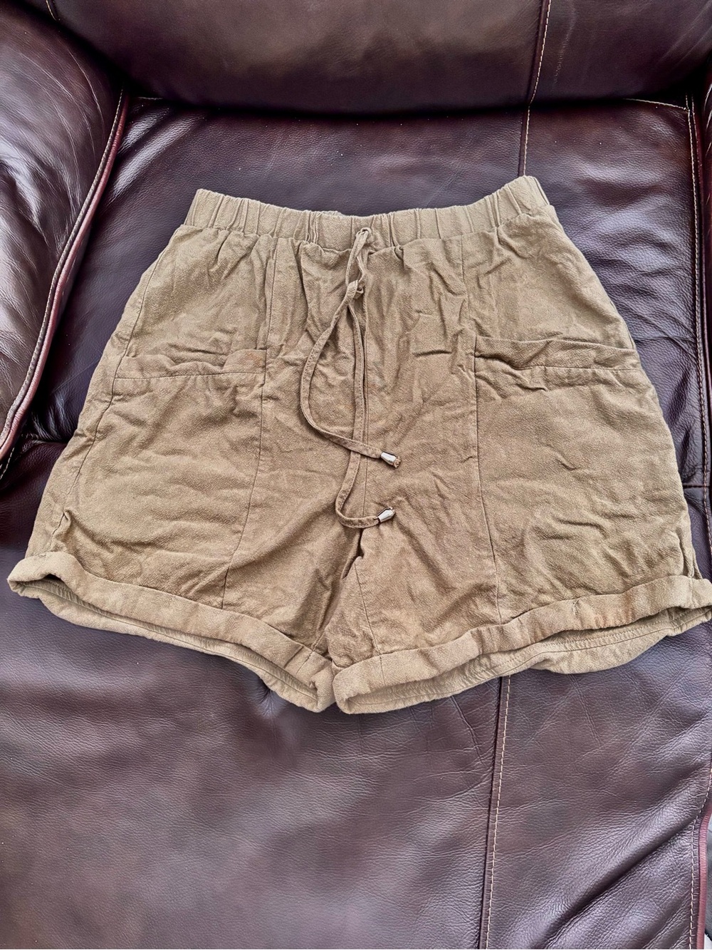SHEIN Khaki High-Waist Drawstring Linen-Blend Shorts